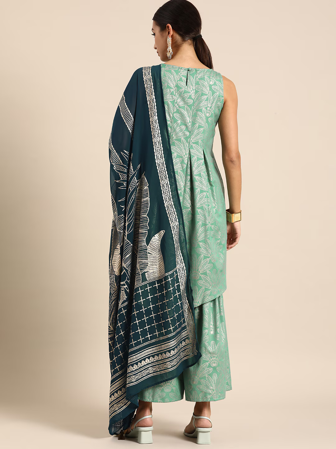 Women Green & Gold-Toned Floral Print Pleated Kurta with Sharara & With Dupatta