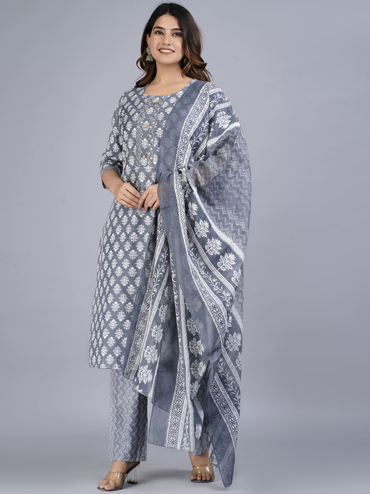 Women Grey Floral Printed Beads and Stones Pure Cotton Kurta with Trousers & With Dupatta