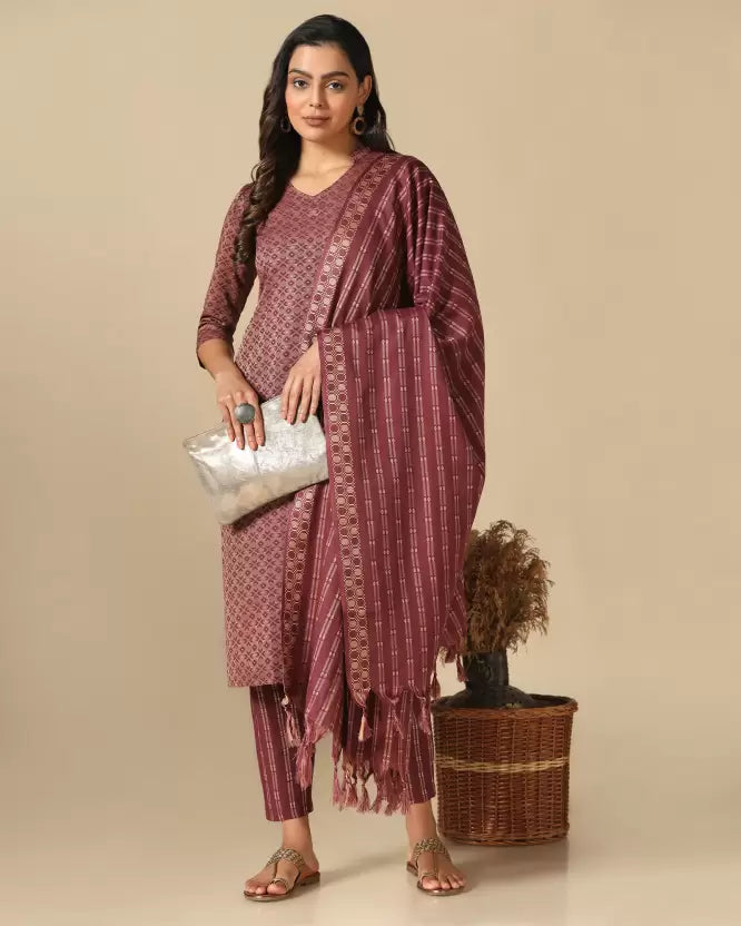 Women Khadi Cotton Kurta Pant Dupatta Set
