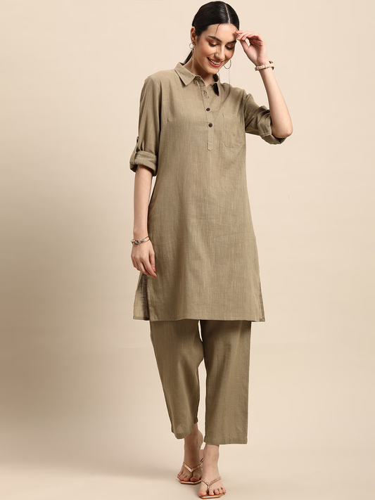 Women Khaki Solid Straight Kurta with Trousers