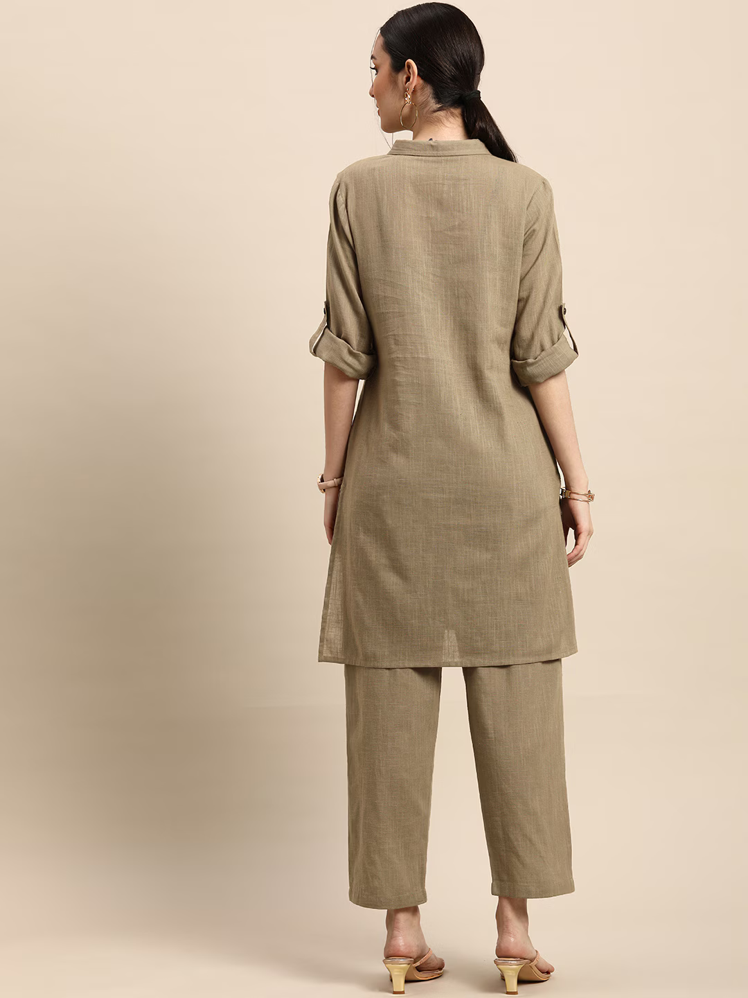 Women Khaki Solid Straight Kurta with Trousers