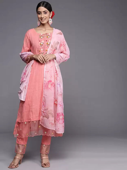 Women Kurta Pant And Dupatta Set Cotton Blend