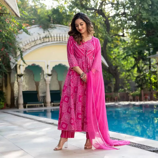 Women Pink Cotton Blend Kurta Pant And Dupatta Set