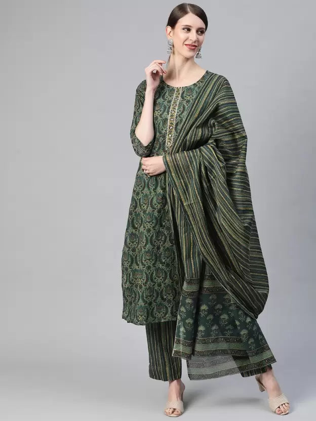 Women Kurta, Pant And Dupatta Set Cotton Blend