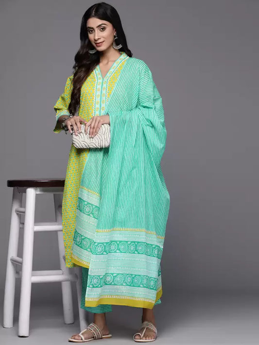 Women Kurta Pant And Dupatta Set Cotton Blend