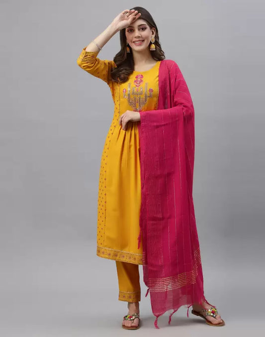 Women Kurta Pant And Dupatta Set Cotton Rayon