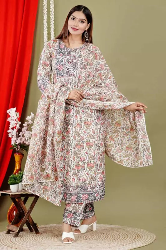 Women Kurta Pant And Dupatta Set Cotton Rayon