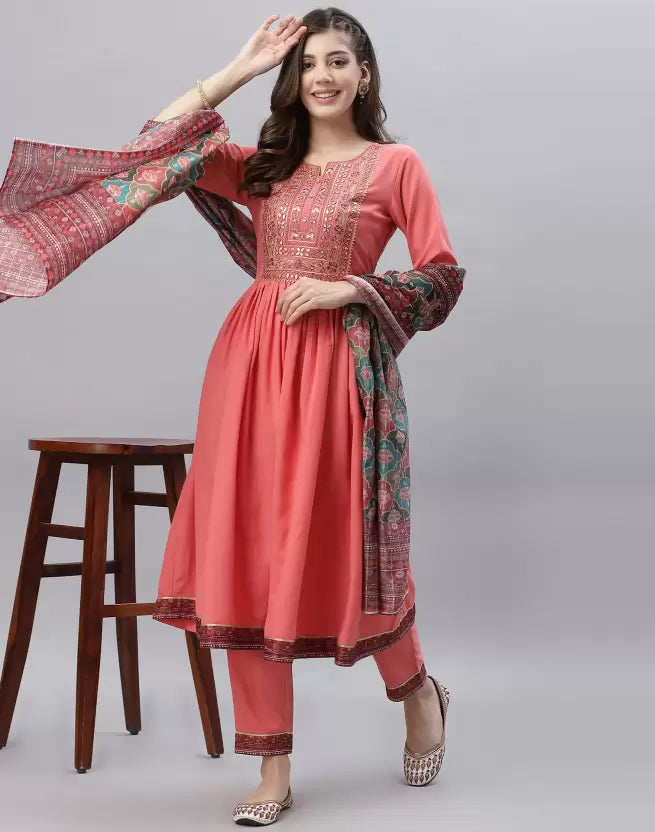 Women Kurta Pant And Dupatta Set Cotton Rayon