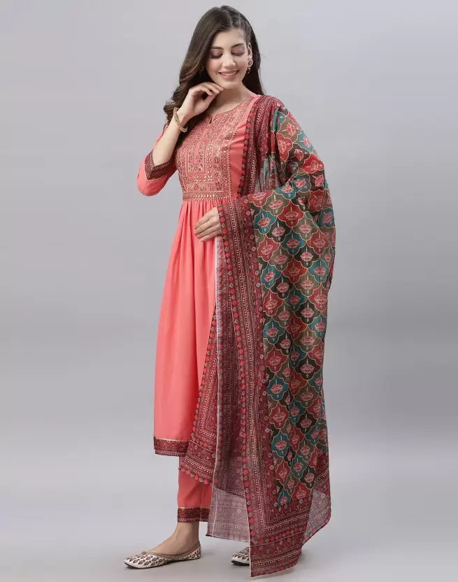 Women Kurta Pant And Dupatta Set Cotton Rayon