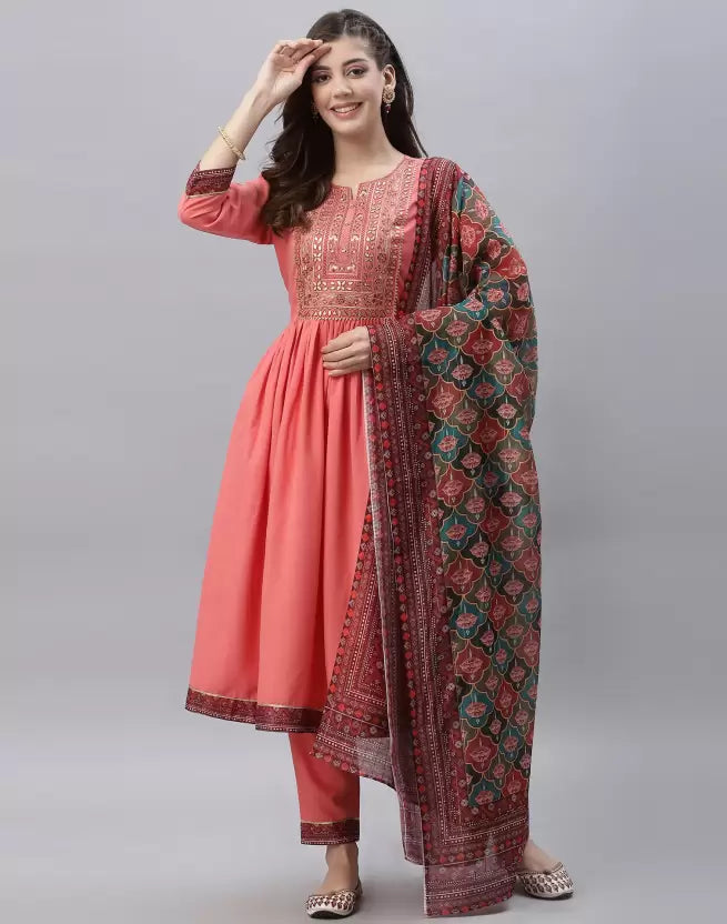 Women Kurta Pant And Dupatta Set Cotton Rayon