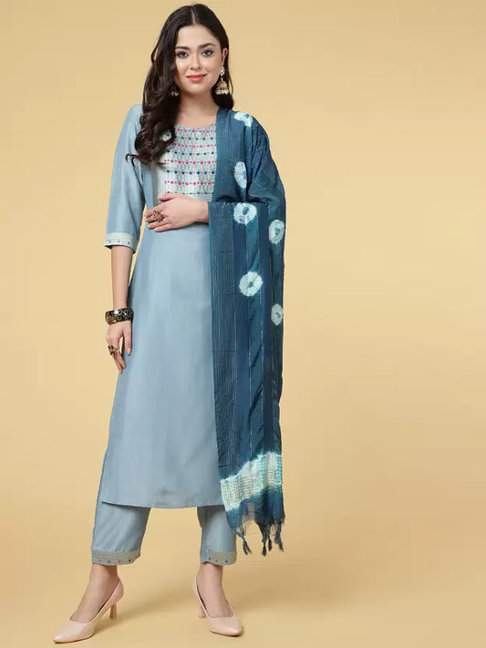 Women Kurta Pant And Dupatta Set Polyester