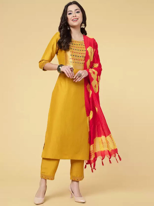 Women Kurta Pant And Dupatta Set Polyester