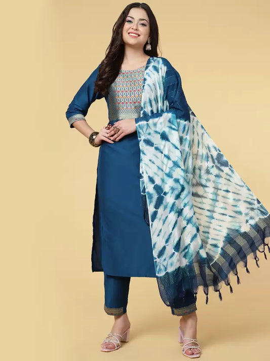 Women Kurta Pant And Dupatta Set Polyester