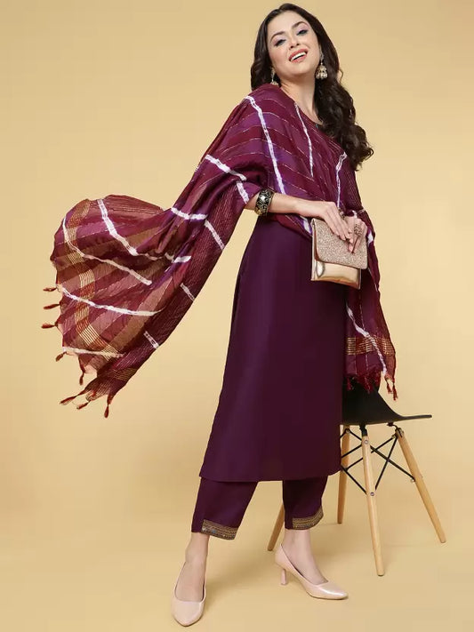 Women Kurta Pant And Dupatta Set Polyester