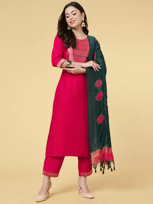 Women Kurta Pant And Dupatta Set Polyester