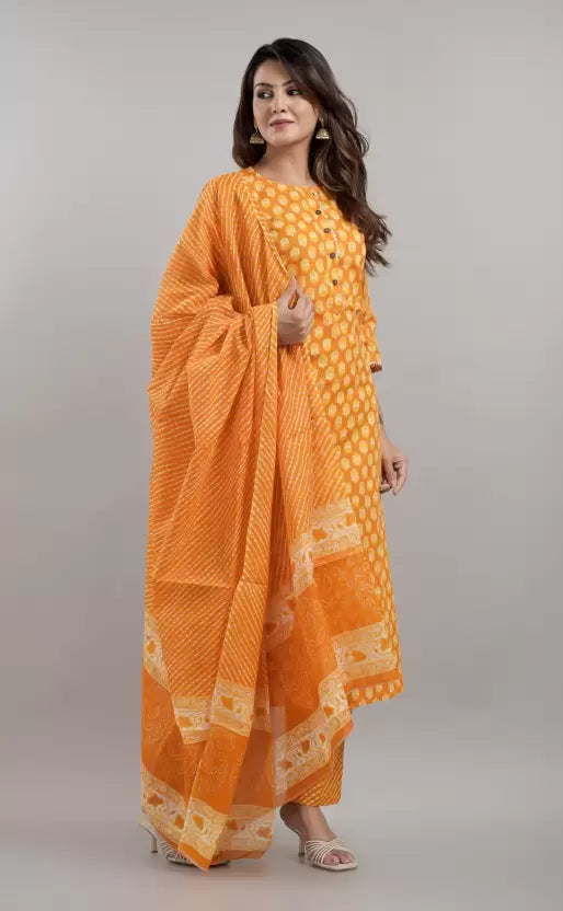 Women Yellow Kurta Pant And Dupatta Set Pure Cotton