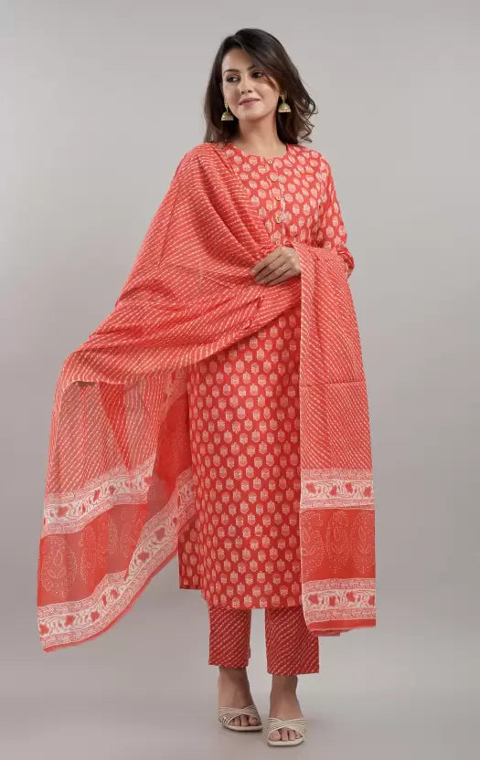 Women Red Kurta Pant And Dupatta Set Pure Cotton