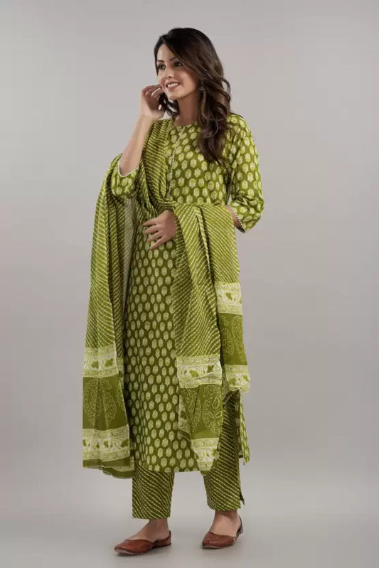 Women Green Kurta Pant And Dupatta Set Pure Cotton