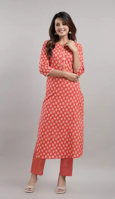 Women Red Kurta Pant And Dupatta Set Pure Cotton