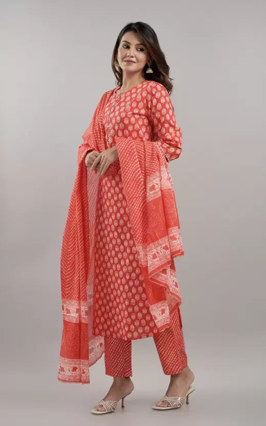 Women Red Kurta Pant And Dupatta Set Pure Cotton