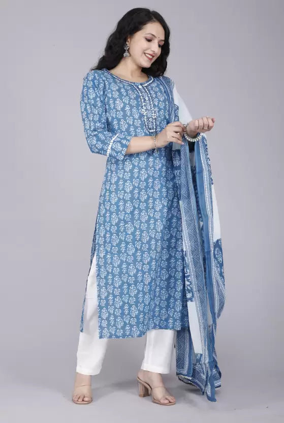 Women Kurta Pant And Dupatta Set Pure Cotton