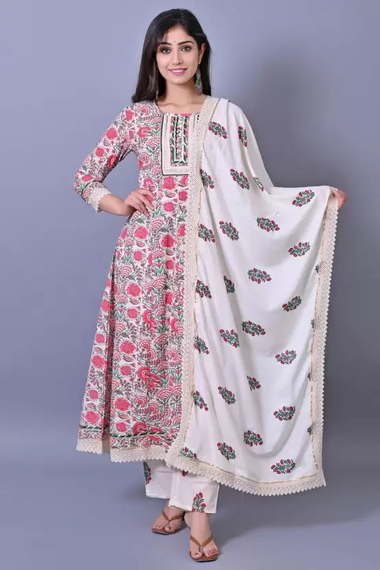 Women Kurta Pyjama & Dupatta Set Cotton Blend