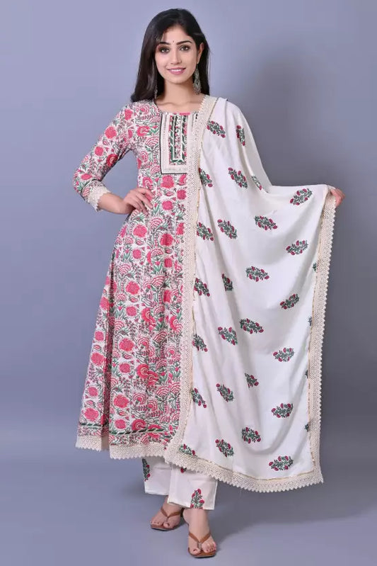 Women Kurta Pyjama & Dupatta Set Cotton Blend