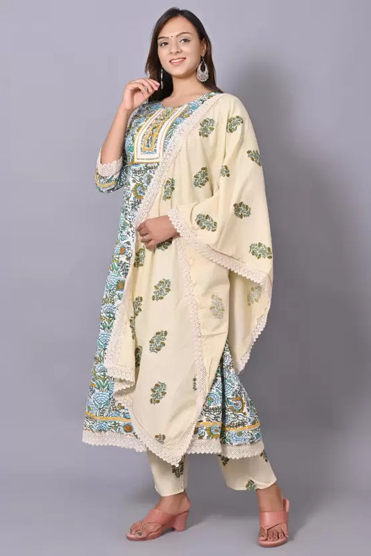 Women Kurta Pyjama & Dupatta Set Cotton Blend