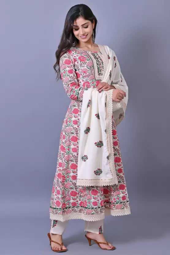 Women Kurta Pyjama & Dupatta Set Cotton Blend