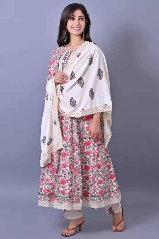 Women Kurta Pyjama & Dupatta Set Cotton Blend