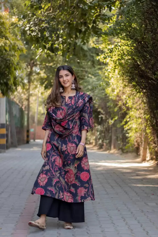 Women Kurta Sharara and Dupatta Set Cotton Blend