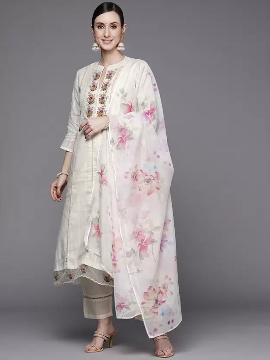 Women Kurta and Trousers Set Cotton Blend