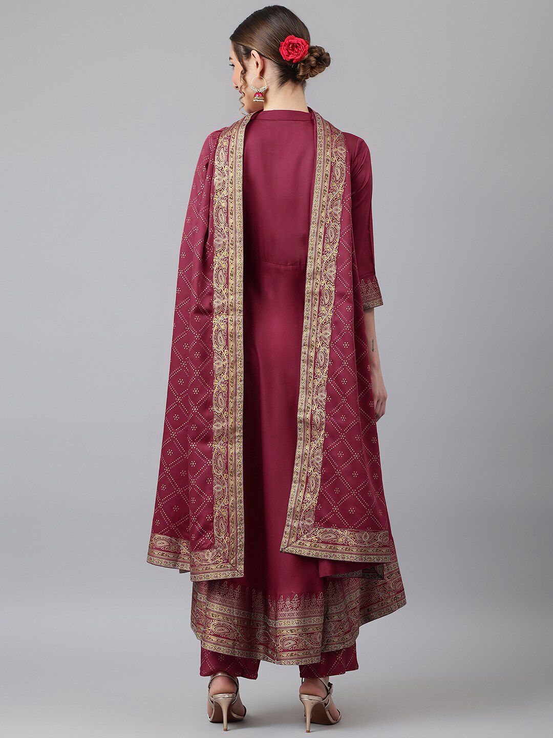 Women Maroon Ethnic Motifs Kurta with Churidar & With Dupatta