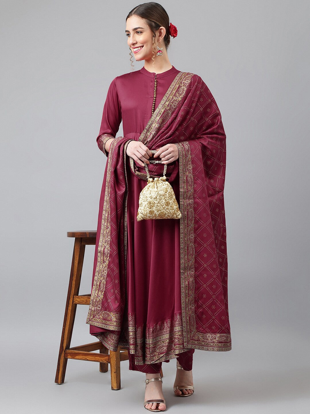 Women Maroon Ethnic Motifs Kurta with Churidar & With Dupatta