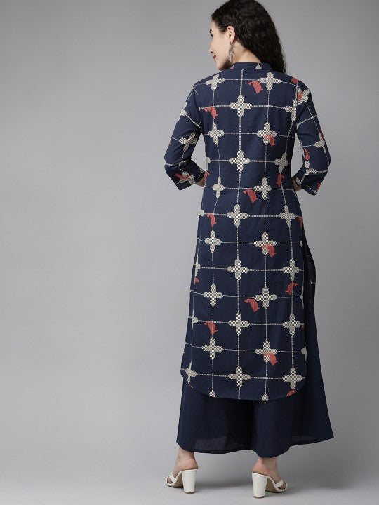 Women Navy Blue & Beige Printed Kurta with Palazzos