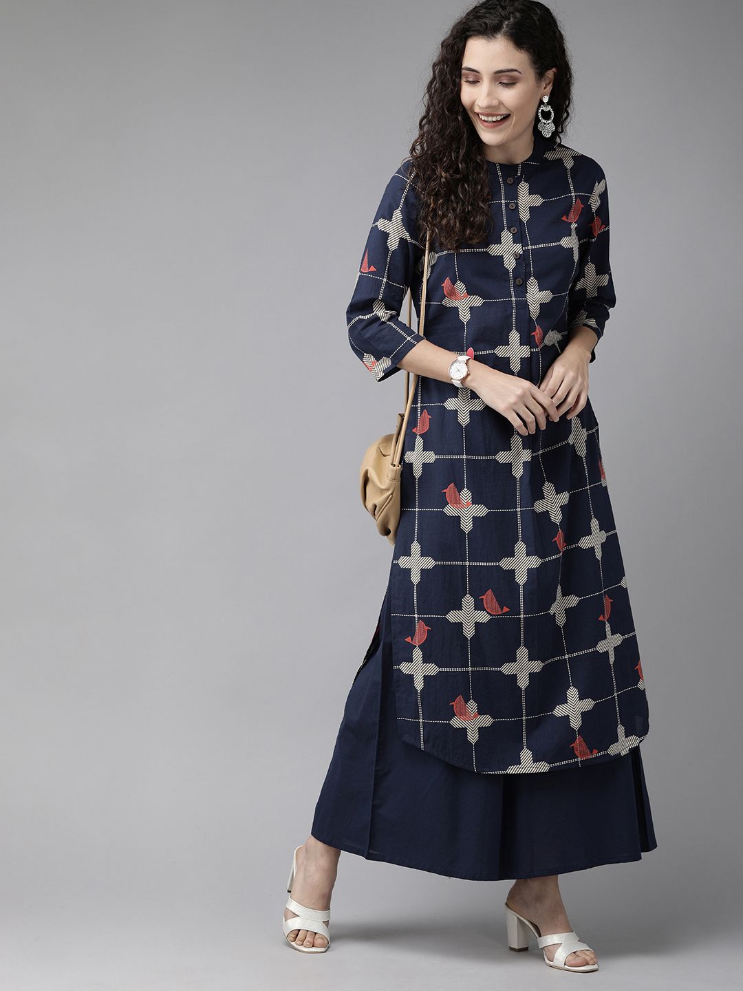 Women Navy Blue & Beige Printed Kurta with Palazzos