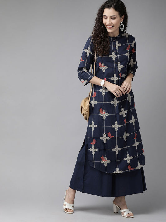 Women Navy Blue & Beige Printed Kurta with Palazzos
