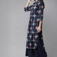 Women Navy Blue & Beige Printed Kurta with Palazzos