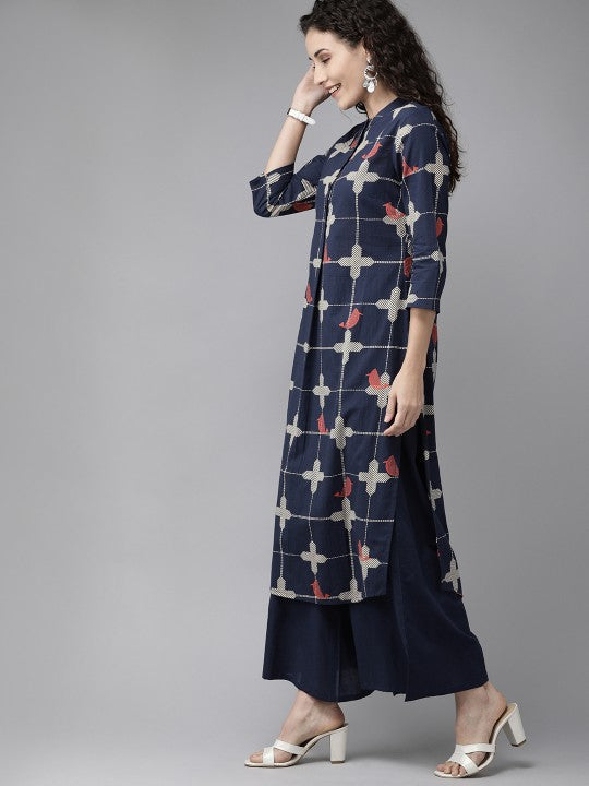 Women Navy Blue & Beige Printed Kurta with Palazzos