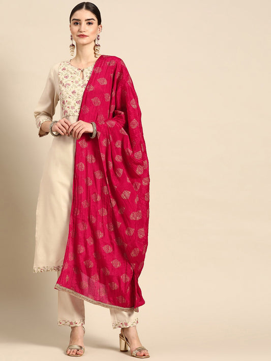 Women Off White & Pink Ethnic Motifs Yoke Design Kurta with Trousers & With Dupatta