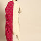 Women Off White & Pink Ethnic Motifs Yoke Design Kurta with Trousers & With Dupatta