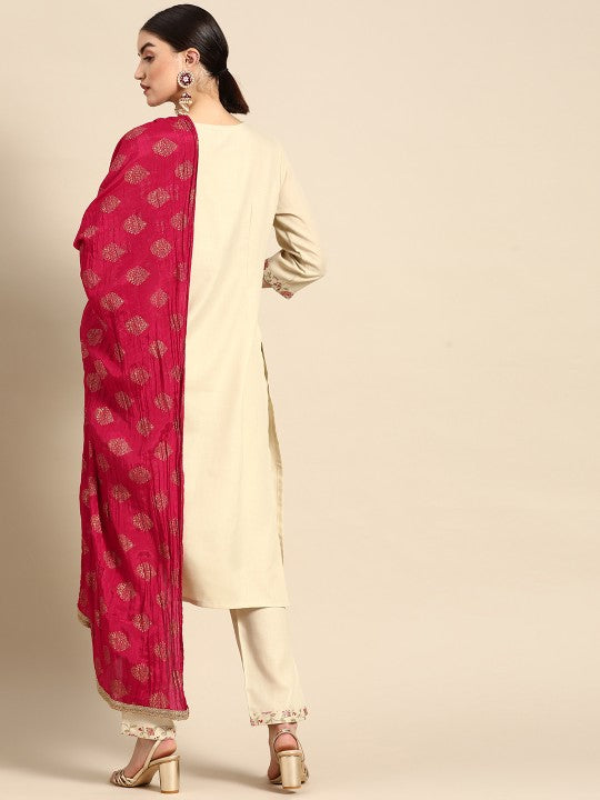 Women Off White & Pink Ethnic Motifs Yoke Design Kurta with Trousers & With Dupatta