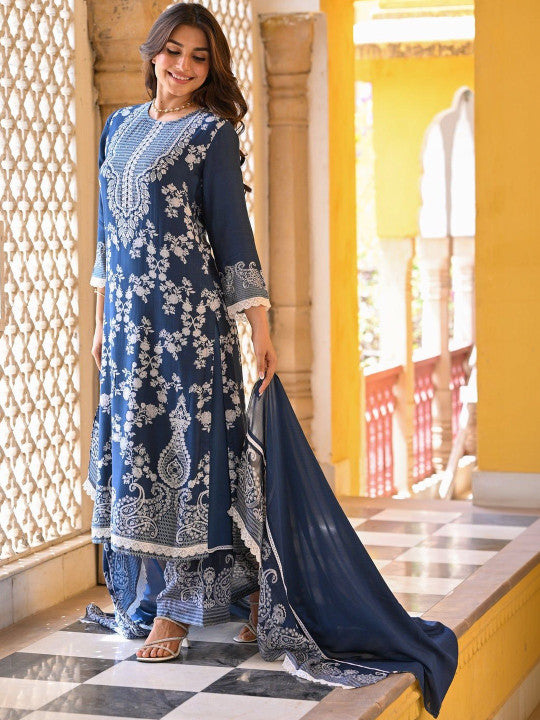 Women Paisley Printed Regular Thread Work Kurta with Trousers & With Dupatta