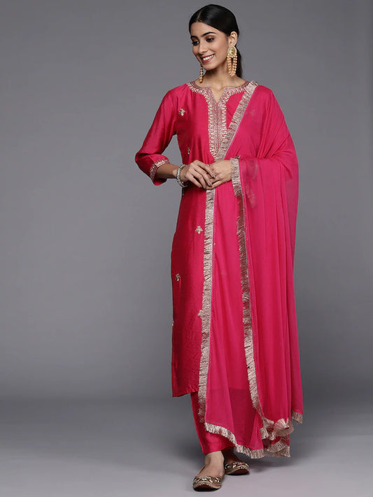 Women Pink Yoke Design Kurta with Trousers & With Dupatta