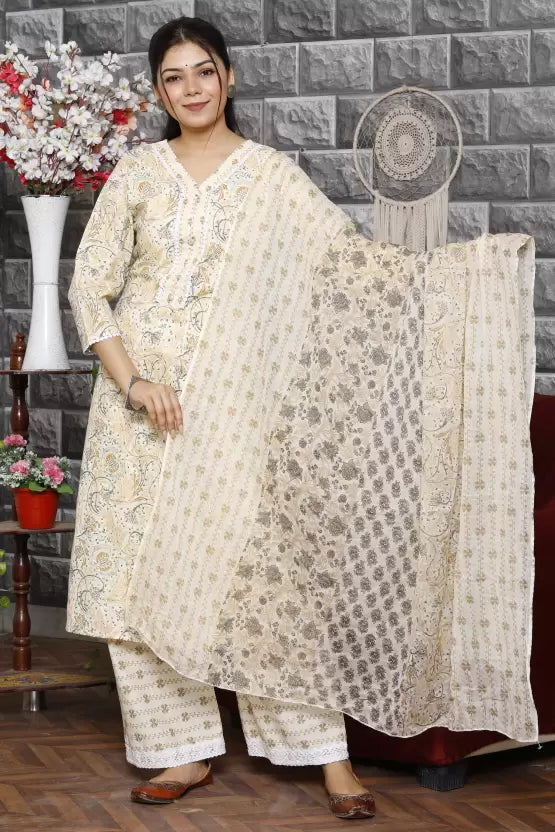 Women Pure Cotton Kurta Palazzo Dupatta Set