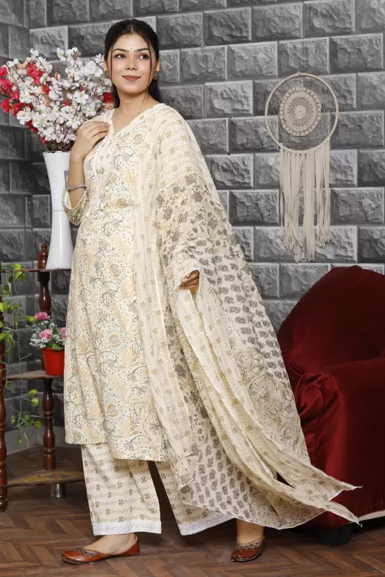 Women Pure Cotton Kurta Palazzo Dupatta Set