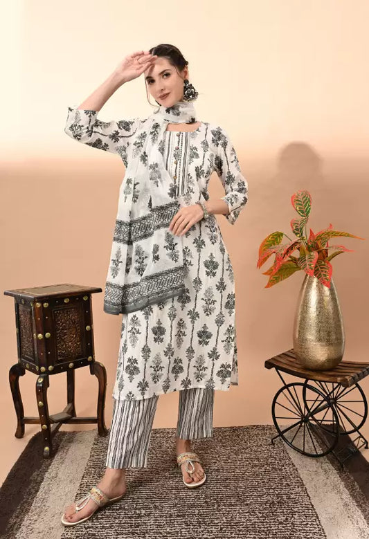 Women Pure Cotton Kurta Pant Dupatta Set