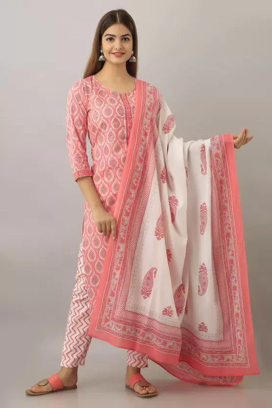 Women Pure Cotton Kurta Pant Dupatta Set