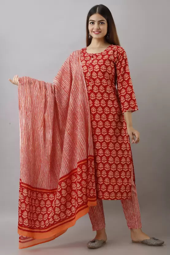 Women Pure Cotton Kurta Pant Dupatta Set