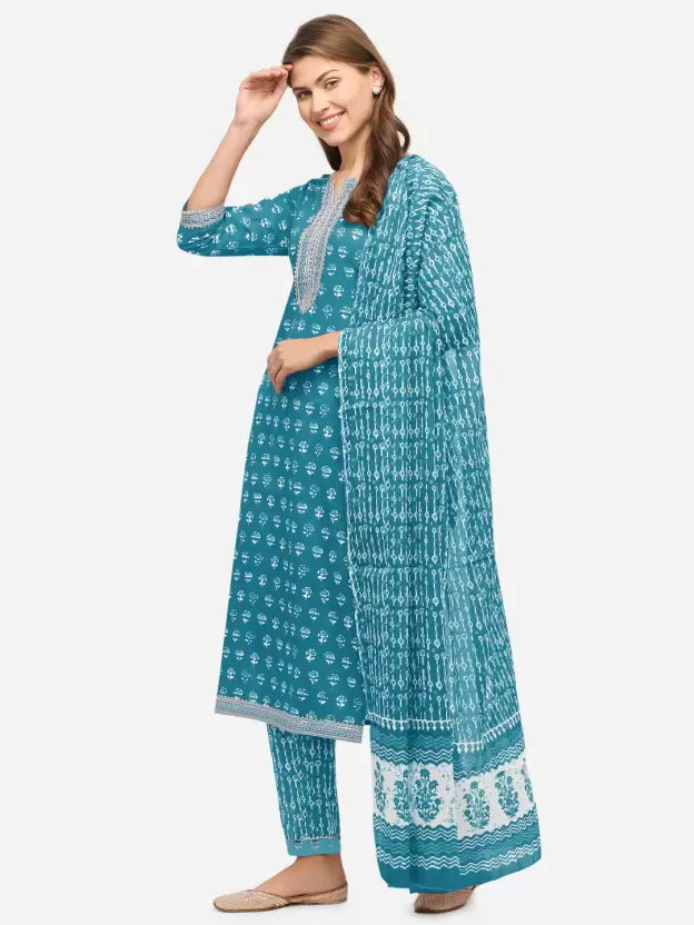 Women Pure Cotton Kurta Pant Dupatta Set